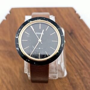 Fossil Womens Black Marble Bezel Watch Brown Leather Band Elevated Basic ES-4382